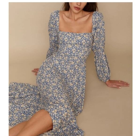 Reformation Mica Long Sleeve Midi Dress Square Neck Wallflower Blue Size 8 - Picture 13 of 13